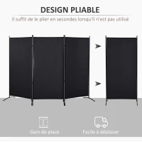 HOMCOM Lot de 2 paravents 3 panneaux dim. 2,53L x 0,5l x 1,82H m Brise-Vue paravent sur Pied séparateur métal Polyester Noir(m-4)