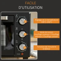 HOMCOM Mini four 1400 W 21 L - thermostat 230°C max - minuteur 60 min - 3 modes de cuisson - 4 accessoires inclus - acier inox. métal verre trempé noir(m-7)
