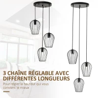 HOMCOM Lustre suspension luminair plafonnier 3 paniers métalliques douilles E27 hauteur réglable vintage rétro géométriques noir Ø 38 x 145H cm(m-4)