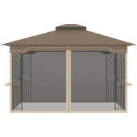 Outsunny Gazebo da Giardino con Zanzariera, Doppio Tetto e Struttura Metallo, 3.7x3m Marrone e Beige(m-4)