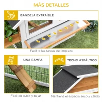 PawHut Conejera de Madera Exterior Jaula para Conejos de 2 Niveles con Techo Asfáltico Corral de Metal Jardinera para Cultivo Bandeja Extraíble Puertas y Rampa 123x58x106 cm Natural(m-7)