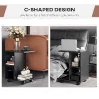 HOMCOM C-Shape End Table Unique Storage Unit w/ 2 Shelves 4 Wheels Freestanding Home Furniture Cabinet Square Black(m-5)