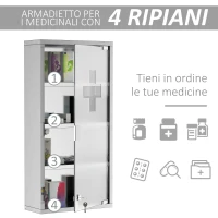 HOMCOM Armadietto Medicinale Cassetta Porta Medicina a Quattro Ripiani in Acciaio Inox 30 x 12 x 60cm(m-5)