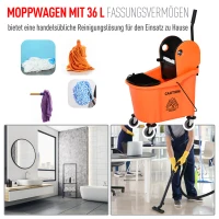 HOMCOM Reinigungswagen 36 Liter Fahreimer Putzeimer Wischwagen mit Auswringvorrichtung, Orange, 54 x 41 x 91,5 cm(m-4)
