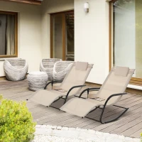 Outsunny 2PCs Outdoor Garden Rocking Chair, Patio Sun Lounger Rocker Chair with Breathable Mesh Fabric, Removable Headrest Pillow, Armrest, Side Storage Bag, Cream White(m-2)