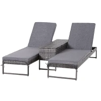 Outsunny Conjunto de 2 Tumbonas de Jardín con Cojines Acolchados Ratán con Mesa Auxiliar para Piscina o Terraza Carga 160kg 195x60x86 cm Acero Gris(m-1)