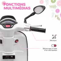 AIYAPLAY Scooter électrique enfant Vespa 6 V dim. 107L x 47l x 73H cm Musique MP3 Port USB Phare 2 roues d'entraînement - Blanc(m-5)