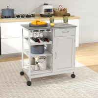 HOMCOM Compact Kitchen Trolley Utility Cart on Wheels with Wine Rack, Drawer, Open Shelf and Storage Cabinet for Dining Room, White(m-2)