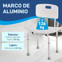 HOMCOM Silla para Ducha con Respaldo Altura Regulable y Antideslizante Carga 136 kg para Ancianos y Discapacitados(m-3)