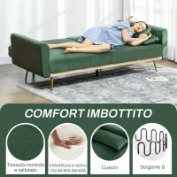HOMCOM Divano Letto 3 Posti con Design Clic Clac e 2 Cuscini, in Tessuto Effetto Velluto, 206x81x83 cm, Verde(m-6)