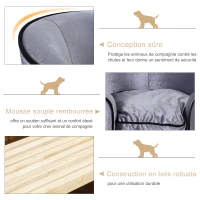 PawHut Canapé chien chat sur pied style  contemporain lit animaux avec accoudoir dossier coussin amovible grand confort + poche rangement revêtement peluche courte 69 x 49 x 38 cm gris(m-5)