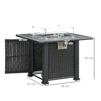 Outsunny Outdoor PE Rattan Gas Fire Pit Table, Patio Square Propane Heater with Marble Desktop, Rain Cover, Glass Windscreen, and Glass Stones, 50,000 BTU, Black(m-3)