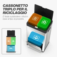 HOMCOM Bidone Immondizia a 3 Sezioni da 56L con Supporto per Deodorante, in Acciaio e PP, 45.7x35.8x76 cm, Argento(m-4)