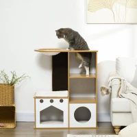 PawHut Árbol Rascador para Gatos de Madera para Gatos con 2 Cuevas Rascador Hamaca y Cojines de Felpa 76x37x92,5 cm Roble(m-9)