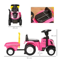 HOMCOM Trattore per Bambini Cavalcabile con Rimorchio, Rastrello e Pala, Gioco Educativo per Bimbi 12-36 Mesi, 91x29x44cm, Rosa(m-3)