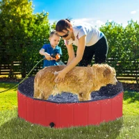PawHut Dog Paddling Pool, Foldable Dog Pool, Leakproof & Hard Plastic, Portable Pet Bathtub with Non-Slip Base & Drainage Hole, for Indoors, Outdoors, Garden, Patio, 120 x 30 cm, Red(m-2)