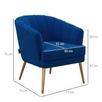 HOMCOM Fauteuil en velours chaise salon avec pieds acier doré fauteuil relax de salon arrondi 71 x 72 x 75 cm bleu(m-3)