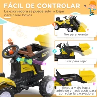 HOMCOM Tractor a Pedales para Niños a partir de 3 Años Excavadora con Pala Delantera Carga 35 kg 114x41x52 cm Amarillo(m-4)