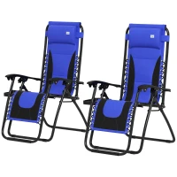 Outsunny Zero Gravity Lounger Chair Set of 2, Folding Reclining Patio Chair with Padded Seat, Cup Holder, Soft Cushion and Headrest for Poolside, Camping, Blue(m-11)