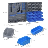 DURHAND Estantería de Pared para Herramientas 54x95 cm con 28 Cajas Apilables y Diferentes Ganchos Gris y Azul(m-3)