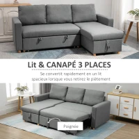 HOMCOM Canapé d'angle convertible canapé lit canapé 3 places modulable avec méridienne réversible, coffre de rangement intégré et 3 coussins de dossier, tissu aspect lin, gris(m-4)