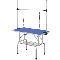 PawHut 42" Dog Grooming Table, Adjustable Pet Cat Drying Beauty Table with 2 Loops Storage Basket, Rubber Top, Blue(m-11)