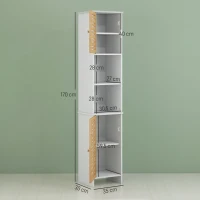 HOMCOM Mueble Auxiliar de Baño con Estantes Ajustables y Puertas de Bambú Anti-vuelco 35x30x170 cm Blanco y Natural(m-3)