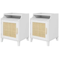 HOMCOM Lot de 2 tables de chevet table de nuit avec placard porte rotin tissé + niche design bohème naturel blanc(m-1)