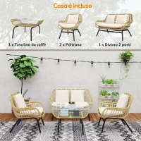 Outsunny Set da Giardino 4 Pezzi in Rattan PE e Metallo con Divanetto, 2 Sedie e Tavolino da Caffè, Beige(m-5)