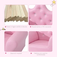 HOMCOM Set Poltrona per Bambini con Poggiapiedi e Bottoni Brillanti, Struttura in Legno con Imbottitura, Rivestimento PVC Rosa(m-7)