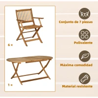Outsunny Conjunto de Jardín de Madera Plegable 7 Piezas Mueble de Jardín Mesa de Comedor 160x85x72 cm con Agujero para Sombrilla Ø38mm 6 Sillas 60x55x91 cm para Terraza Balcón Exterior Teca(m-4)