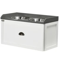 PawHut Gamelle double chien chat - porte-gamelles surélevé rangement 2 en 1 - tiroir, 2 gamelles - acier inox. MDF blanc gris(m-10)