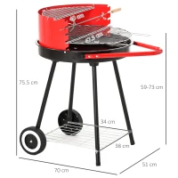 Outsunny Grill BBQ Barbecue a Carbonella Doppia Griglia Regolabile con Ruote Acciaio 51x70x75.5cm Nero e Rosso(m-3)
