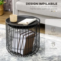 HOMCOM Set 2 Tavolini da Salotto Impilabili Rotondi in Acciaio con Vano Contenitore, Nero(m-4)
