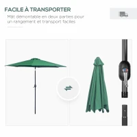 Outsunny Parasol de jardin extérieur Parasol droit inclinable Ø 3 m en métal Rond Polyester 180g/m² manivelle inclinable Vert(m-6)