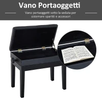 HOMCOM Sgabello per Pianoforte Trapuntato con Vano Contenitore, in Legno e Pelle PU, 54.5x33x48-58 cm, Nero(m-4)