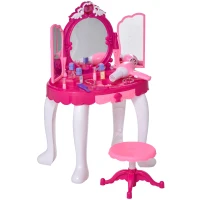 HOMCOM Kinderschminktisch Frisiertisch mit Hocker Musik Licht Mädchen Kosmetik Spiegel Fuchsie+Weiß(m-1)