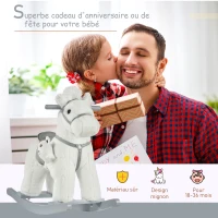 HOMCOM Cheval à bascule bébé de 18 à 36 mois en bois avec effet sonore ours en peluche gratuit 65 x 26 x 55 cm blanc(m-4)