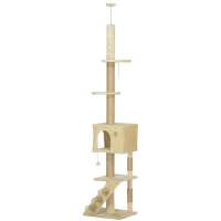 PawHut Árbol para Gatos de Suelo a Techo de 225-255 cm con Altura Ajustable Múltiples Plataformas Escalera Bola Colgante Beige(m-11)