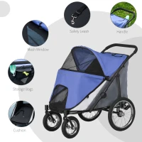 PawHut Foldable Pet Stroller, with Washable Cushion, Storage Bags, Safety Leash, for Medium, Large Dogs, Cats - Blue(m-6)