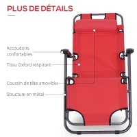 Outsunny Chaise Longue inclinable transat Bain de Soleil fauteuil relax jardin 2 en 1 Pliant têtière Amovible Charge Max. 136 Kg Toile Oxford Facile d'entretien Rouge(m-5)