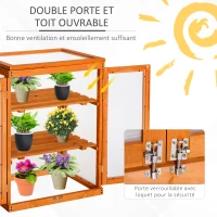 Outsunny Mini Serre de Jardin 3 Niveaux dim. 58L x 44l x 78H cm Double Porte Toit ouvrant Bois Sapin lasuré Polycarbonate(m-4)