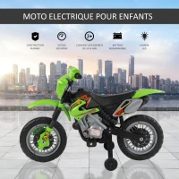HOMCOM Moto électrique enfants, moto cross pour enfants avec batterie 6 V, phares, musiques et roues d'entraînement, 3 à 6 ans, charge 25KG, vert et noir(m-7)