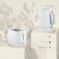 HOMCOM Kettle and Toaster Set, 1.7L 3000W Fast Boil Kettle & 2 Slice Toaster Kitchen Set with 6 Level Browning Controls, Defrost, Reheat, White(m-3)
