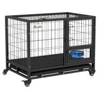 PawHut Heavy Duty Dog Crate on Wheels w/ Bowl Holder, Removable Tray, Openable Top, Detachable Door, for M, L Dogs(m-1)