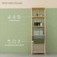 HOMCOM Badezimmerregal, mit Wäschesammler, 3 Regalböden, Bambusrahmen, 44x33x160cm, Natur(m-4)