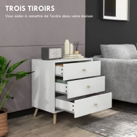 HOMCOM Commode 3 tiroirs Design scandinave Meuble de Rangement Chambre MDF Blanc poignée piètement effilé Bois Massif de pin(m-4)