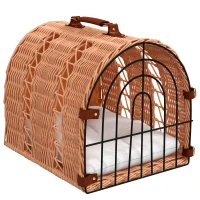 PawHut Wicker Cat Carrier Basket Kitten Bed Portable Pet Caves Houses w/ Soft Cushion 37 x 28 x 29 cm Orange(m-1)