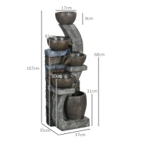 Outsunny Gartenbrunnen, Backsteinoptik, 5-stufig, Solarbetrieb, LEDs, 107cm, Kunstharz, Grau/Braun(m-3)