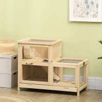 PawHut Wooden Hamster Cage with Sliding Tray, 2 Tiers Gerbil Cage Mice Rodent Small Animal Hutch with Run Area, Openable Roofs, Ramp, Seesaw, Running Wheel, 78 x 41.5 x 60 - Natural(m-2)